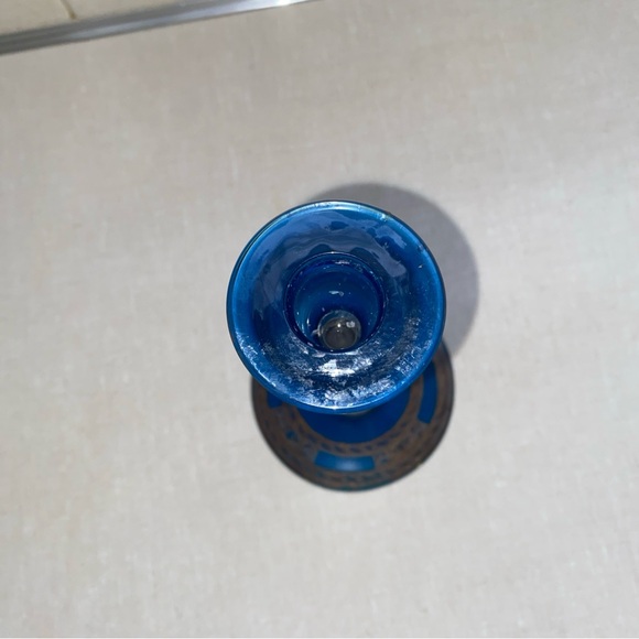 Vintage‎ Blue & Clear Glass Candlestick Bronze Color  Etching Accents main image 1